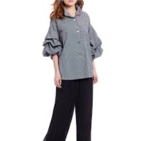 John Mark Balloon Sleeve Checked top Blk & White - Picture 2 of 3